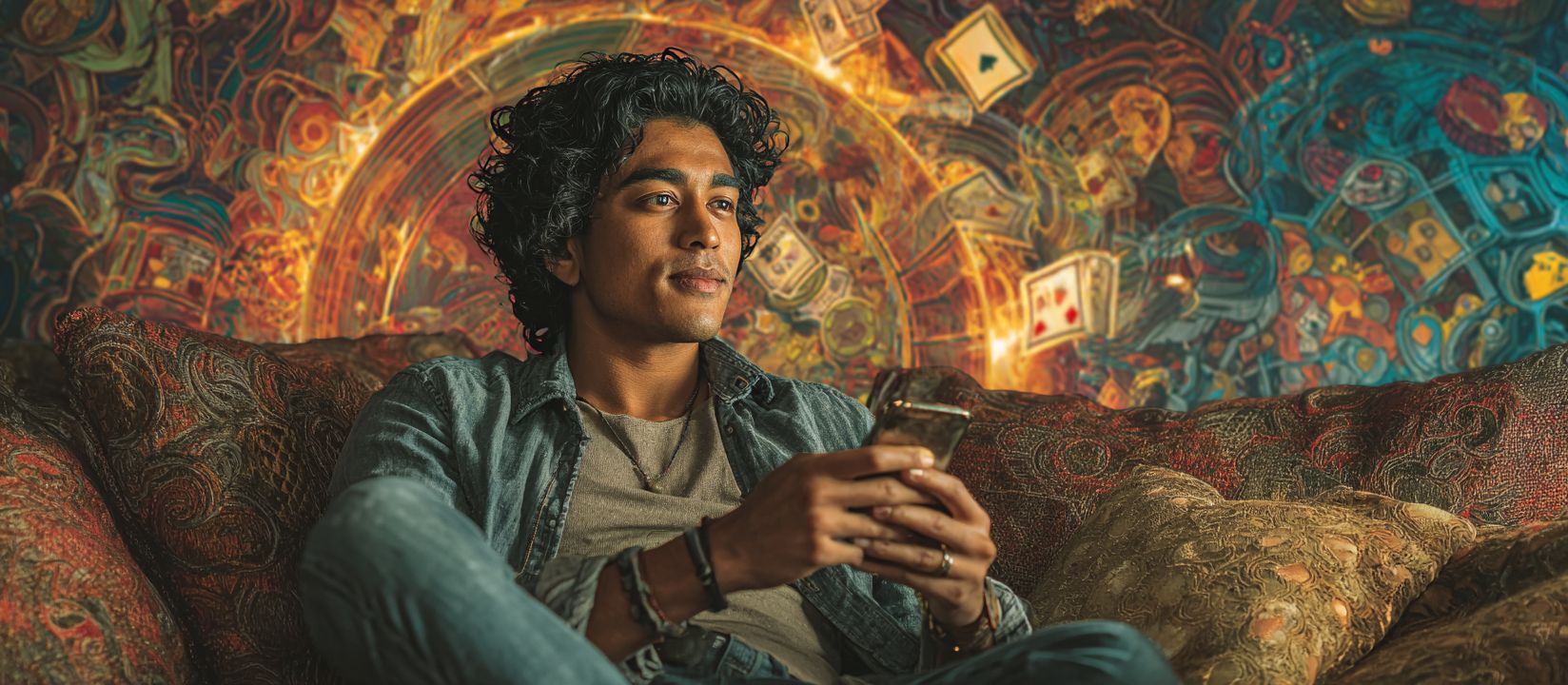 A man in a denim shirt sits on a sofa with a phone in his hands, in the background a brightly coloured wall with images of cards and casinos.