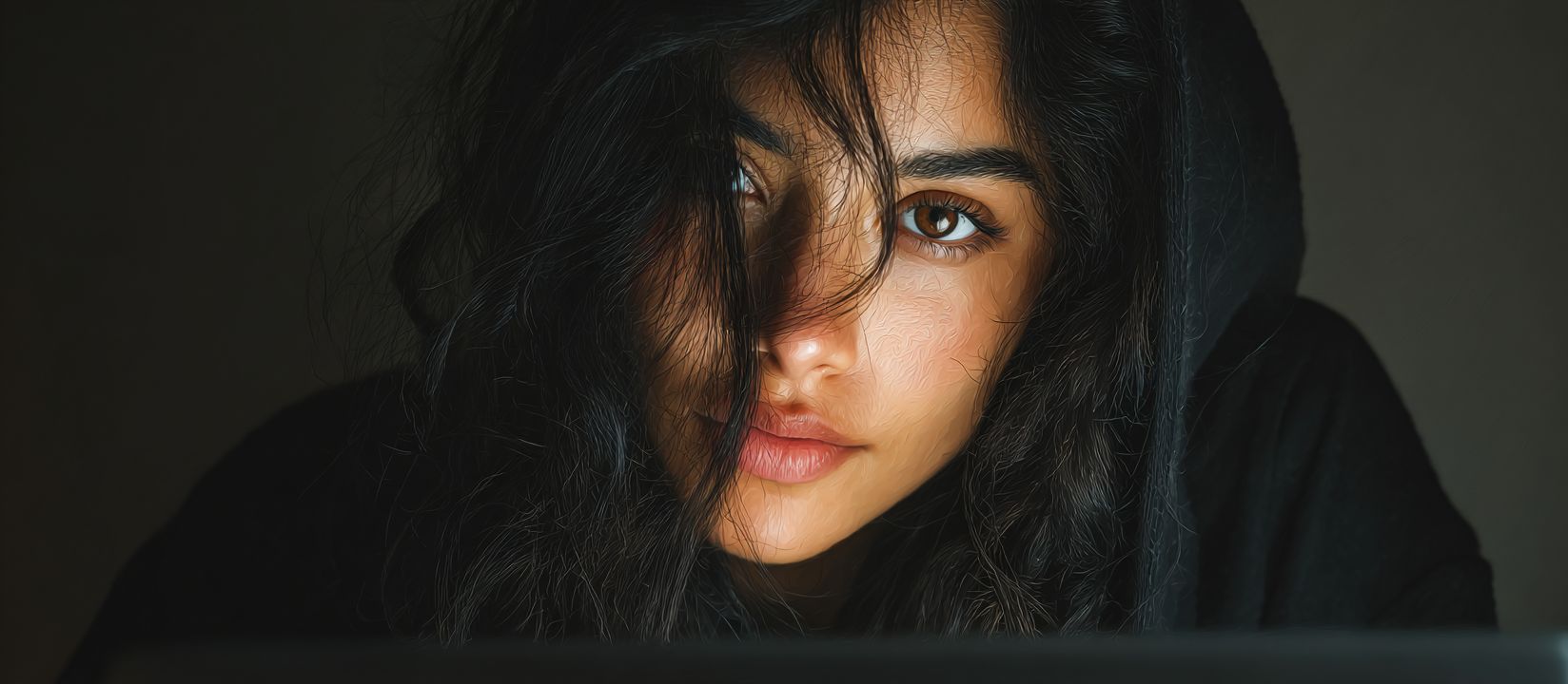 A girl in a dark hoodie with strands of facial hair stares at a laptop screen playing Aviator.