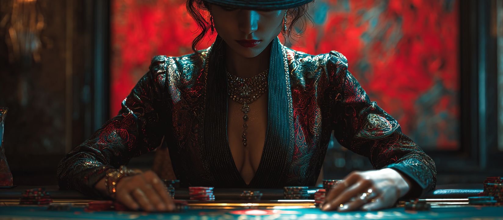 A woman in an elegant dark jacket and hat concentrates on laying out chips at a casino gaming table.