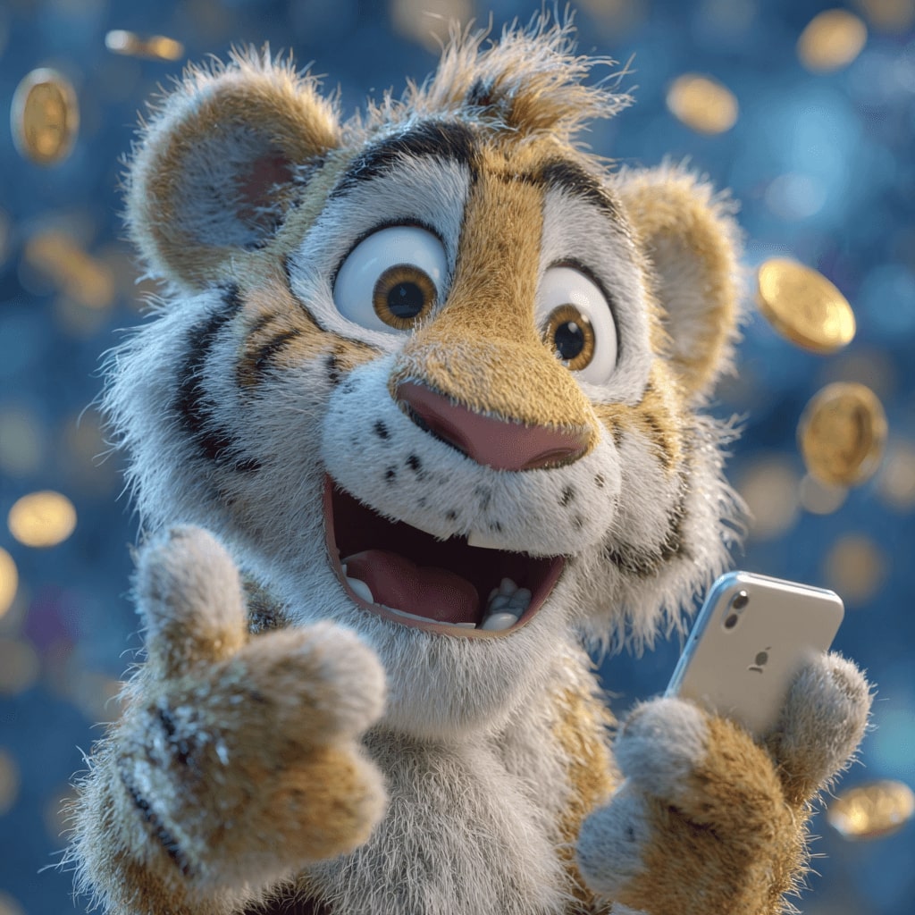 Tiger, the OKLV mascot, holds the phone and smiles against a background of gold coins presenting a fast and reliable app