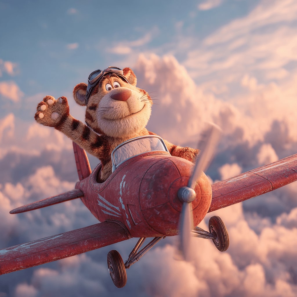 A cartoon tiger, the OKLV mascot, controls a red plane in the clouds, representing the Aviator game