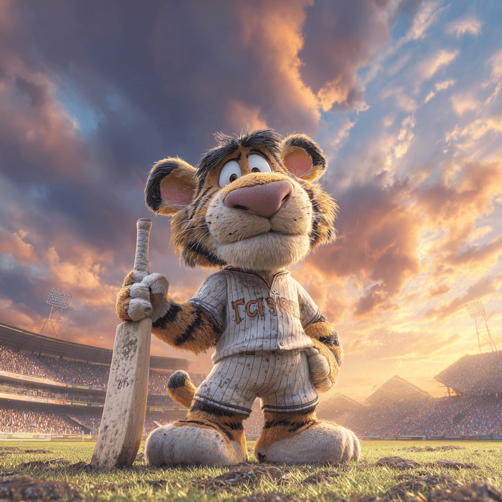 Tiger, the OKLV mascot, stands in a sports uniform with a bat at the stadium
