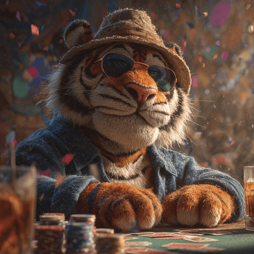 Tiger, the OKLV mascot, sits confidently at the poker chip table in his glasses and hat
