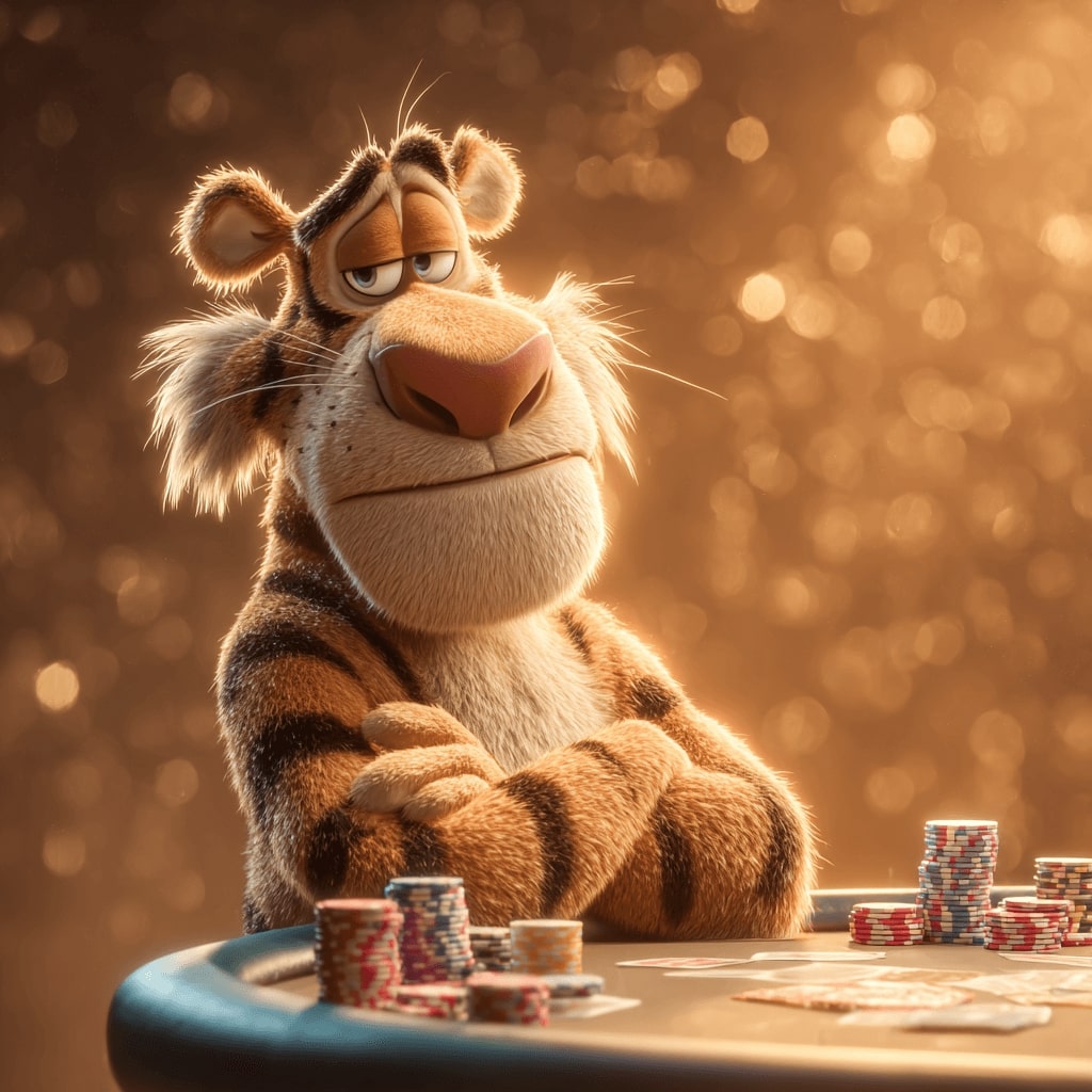 Tiger, the OKLV mascot, looking serious with his paws crossed at the poker table with chips
