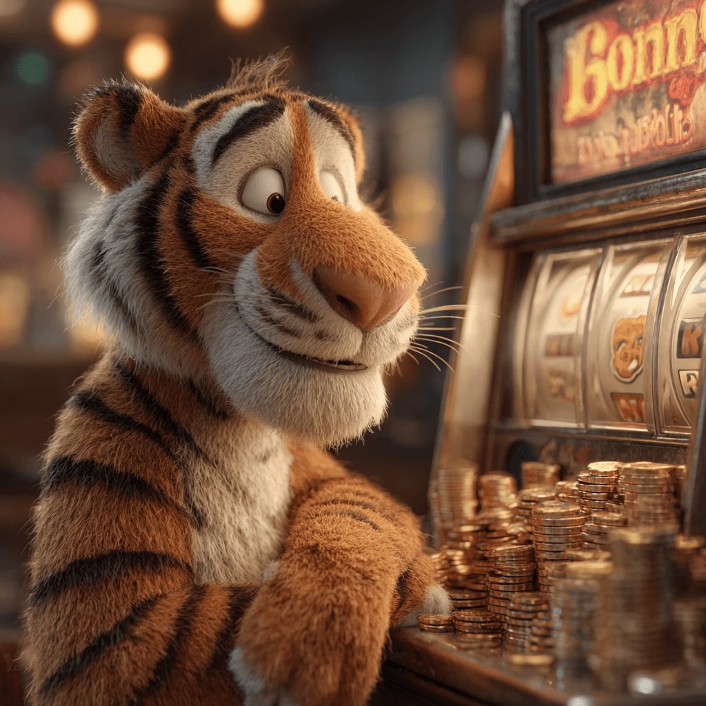 Tiger, the OKLV mascot, plays slots and stacks gold coins