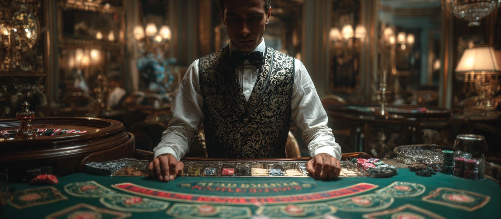 A croupier in an elegant waistcoat and bowtie stands at a gaming table with chips and roulette in a luxurious casino inviting you to log in.