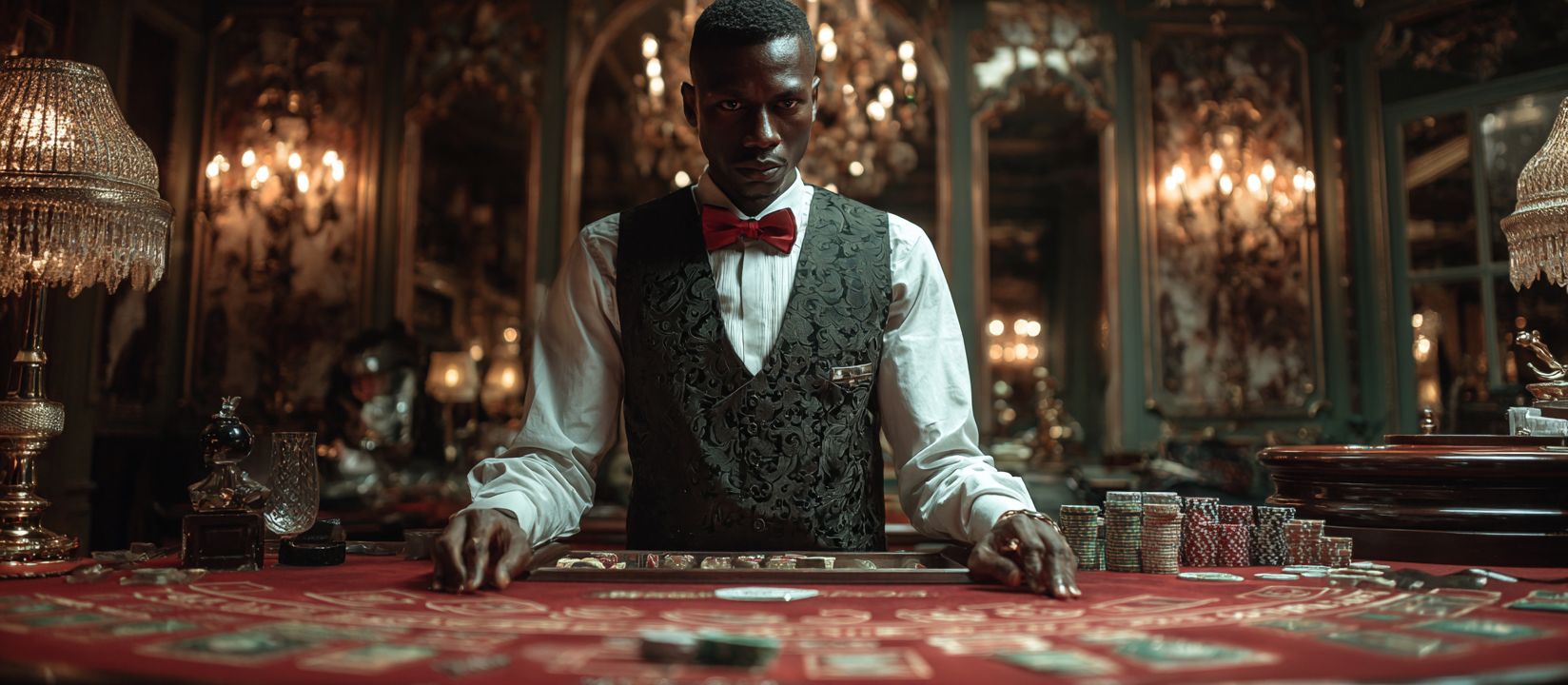 A serious-looking croupier in a waistcoat and red bowtie stands at a gaming table in a luxury casino.