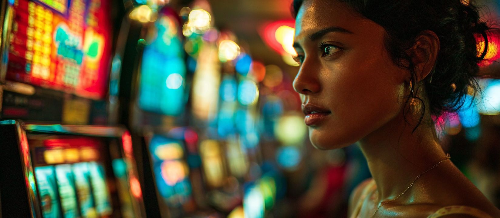 A woman stares intently at the screen of a slot machine in a brightly lit casino room.