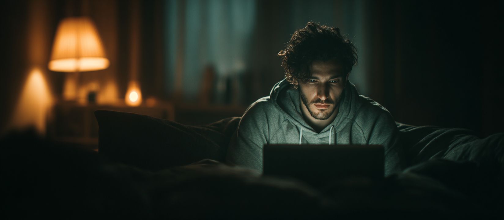 A man in a hoodie sits in a dark room and stares intently into a laptop screen betting on sports.